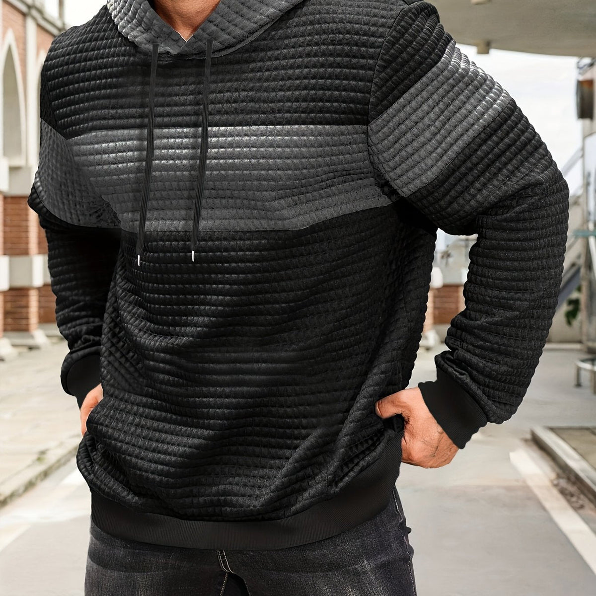 Textured Waffle-Knit Hoodie Men's Color-Block Drawstring Pullover with Pocket – Casual, Gift