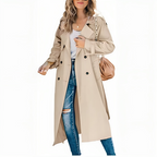 Trench Coat Women's Long Double-Breasted with Notch Lapel – Casual, Office, Gift