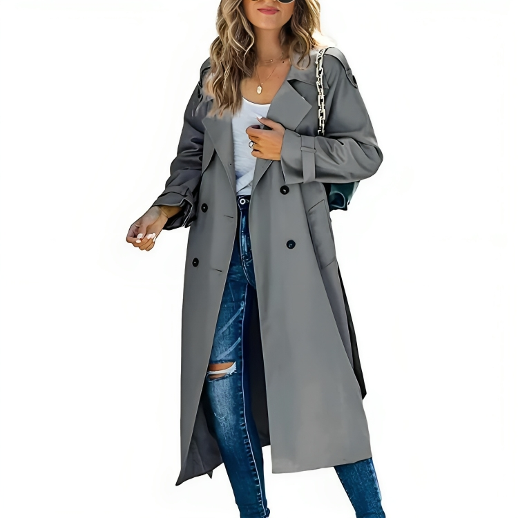 Trench Coat Women's Long Double-Breasted with Notch Lapel – Casual, Office, Gift