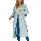 Trench Coat Women's Long Double-Breasted with Notch Lapel – Casual, Office, Gift