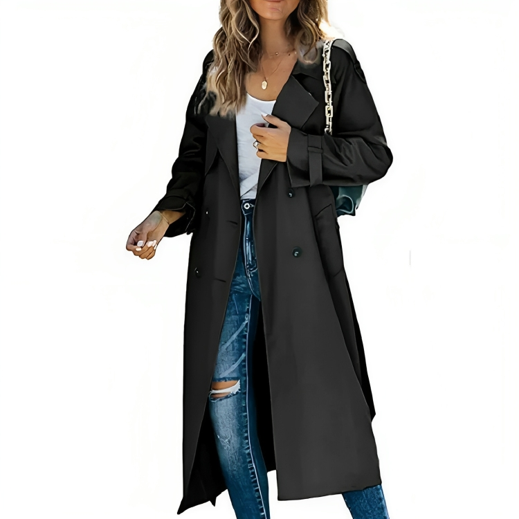 Trench Coat Women's Long Double-Breasted with Notch Lapel – Casual, Office, Gift