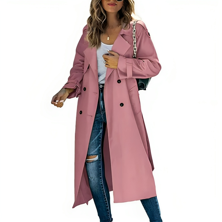 Trench Coat Women's Long Double-Breasted with Notch Lapel – Casual, Office, Gift