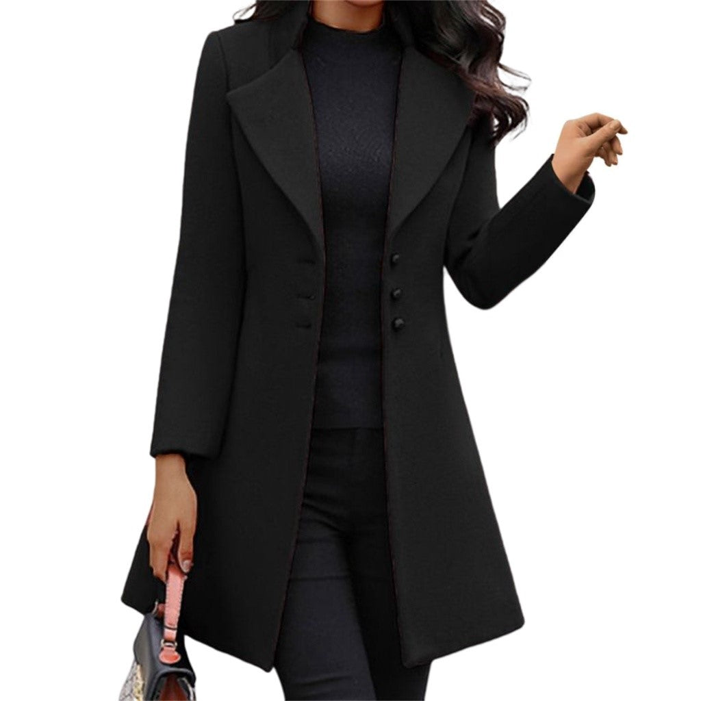 Trench Coat Women's Notched Collar Black Button-Front Mid-Length – Office, Casual, Winter, Gift