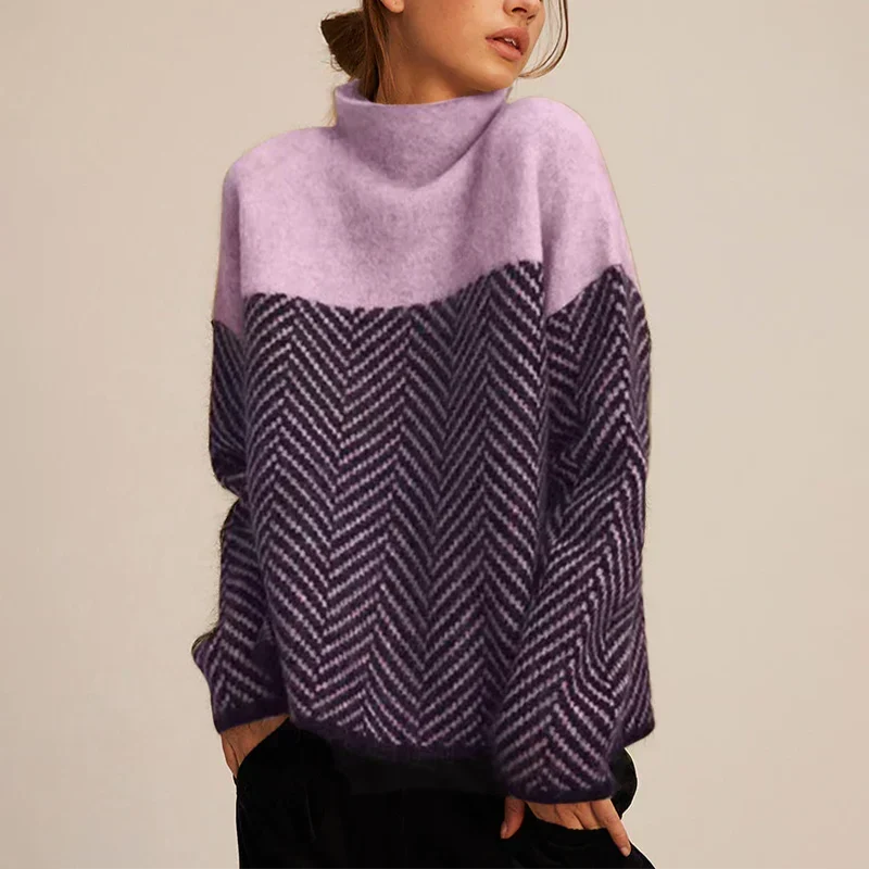 Turtleneck Knit Sweater Women's Herringbone Colorblock Oversized – Casual, Office