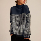 Turtleneck Knit Sweater Women's Herringbone Colorblock Oversized – Casual, Office