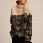 Turtleneck Knit Sweater Women's Herringbone Colorblock Oversized – Casual, Office