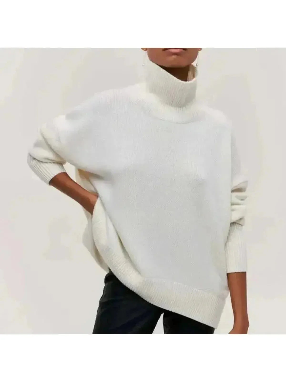 Turtleneck Knit Sweater Women's Light Blue Short Sleeve – Casual, Office · Faylori