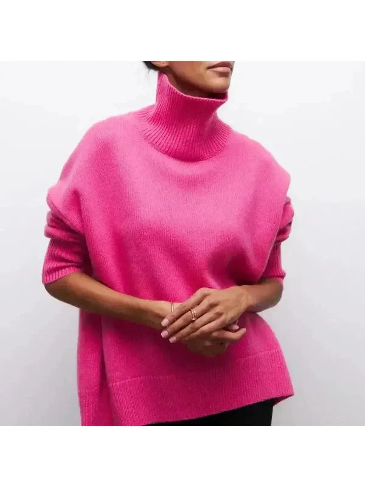 Turtleneck Knit Sweater Women's Light Blue Short Sleeve – Casual, Office · Faylori