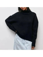 Turtleneck Knit Sweater Women's Light Blue Short Sleeve – Casual, Office · Faylori