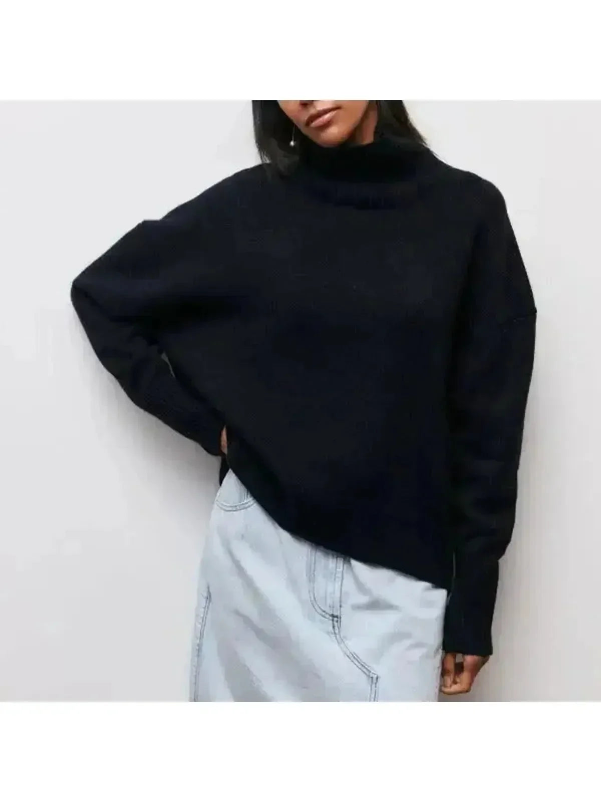 Turtleneck Knit Sweater Women's Light Blue Short Sleeve – Casual, Office · Faylori