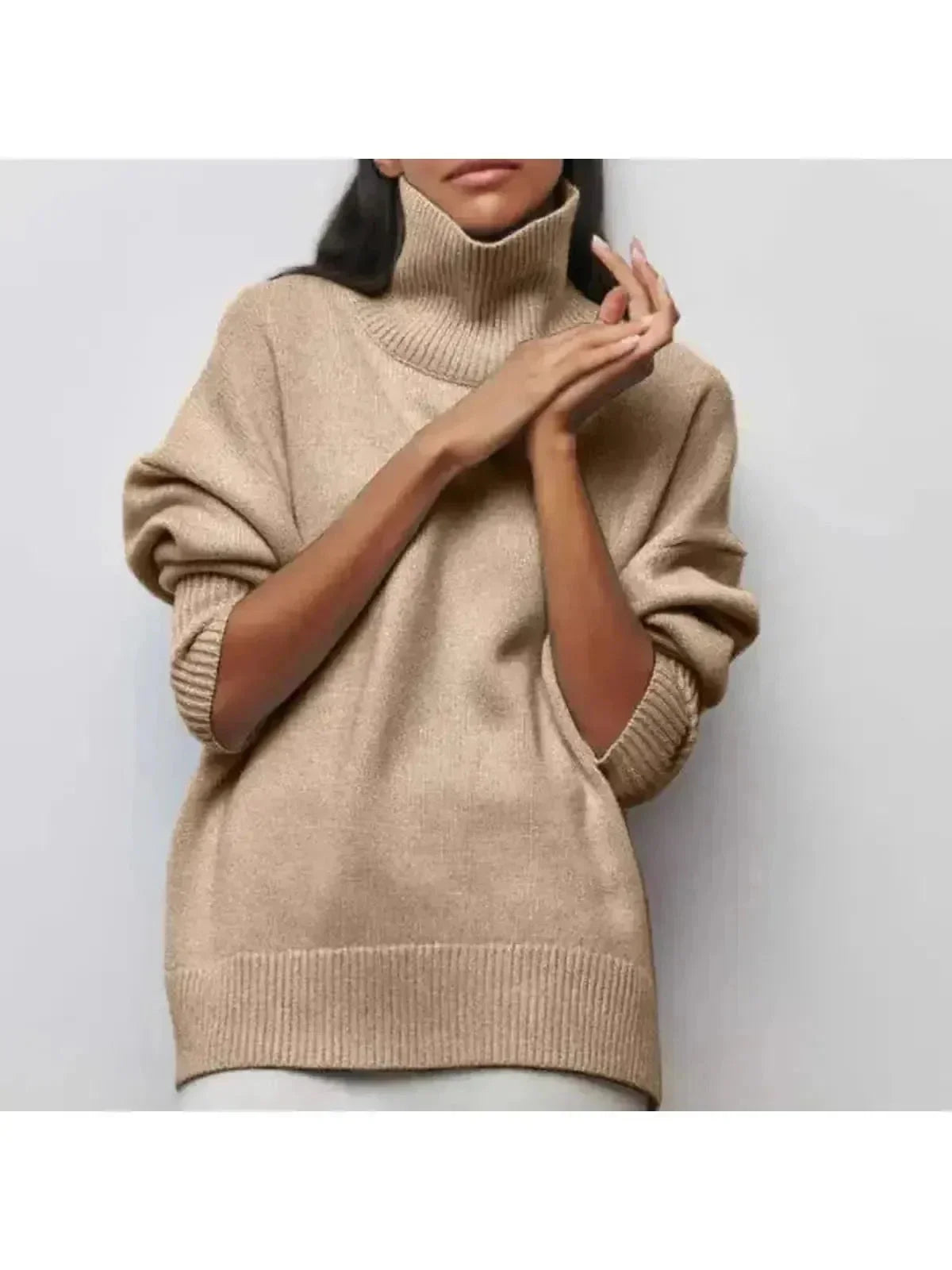 Turtleneck Knit Sweater Women's Light Blue Short Sleeve – Casual, Office · Faylori