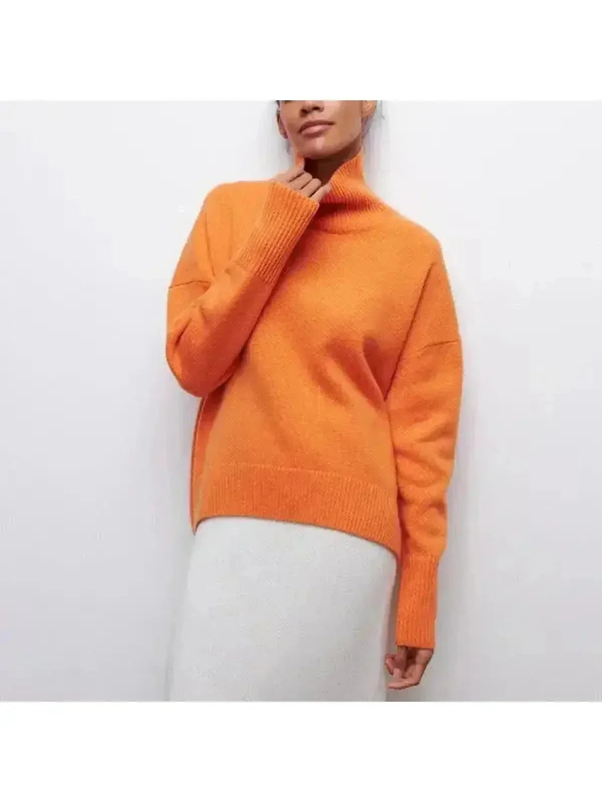 Turtleneck Knit Sweater Women's Light Blue Short Sleeve – Casual, Office · Faylori