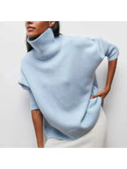 Turtleneck Knit Sweater Women's Light Blue Short Sleeve – Casual, Office · Faylori