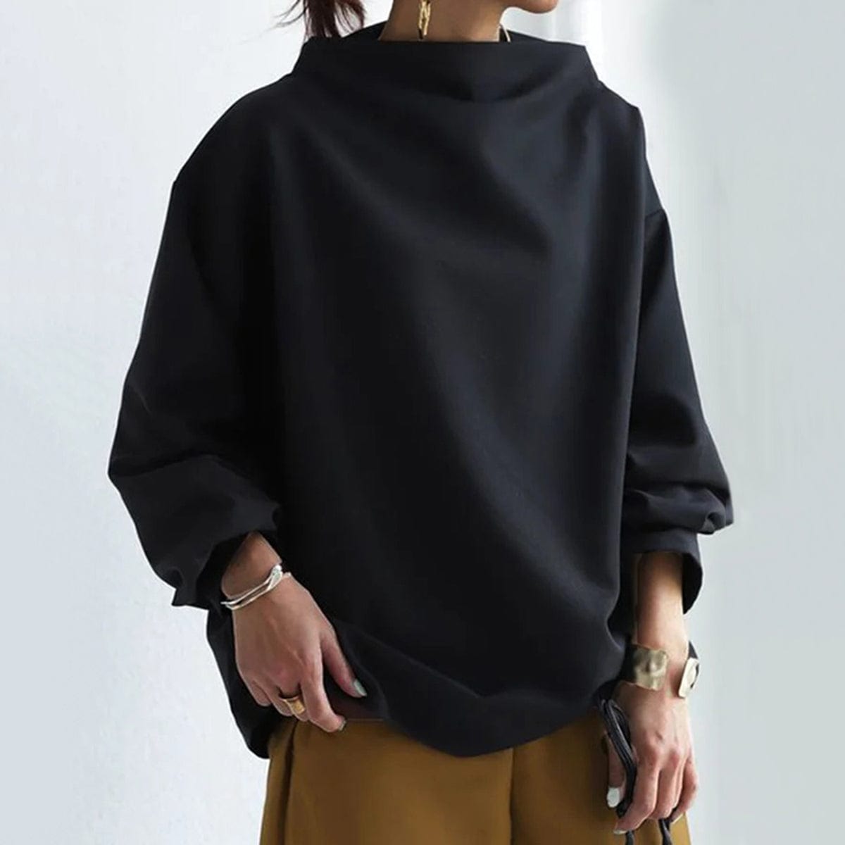 Turtleneck Knit Top Women's Long Sleeve Black Loose Pullover – Casual, Office · Faylori