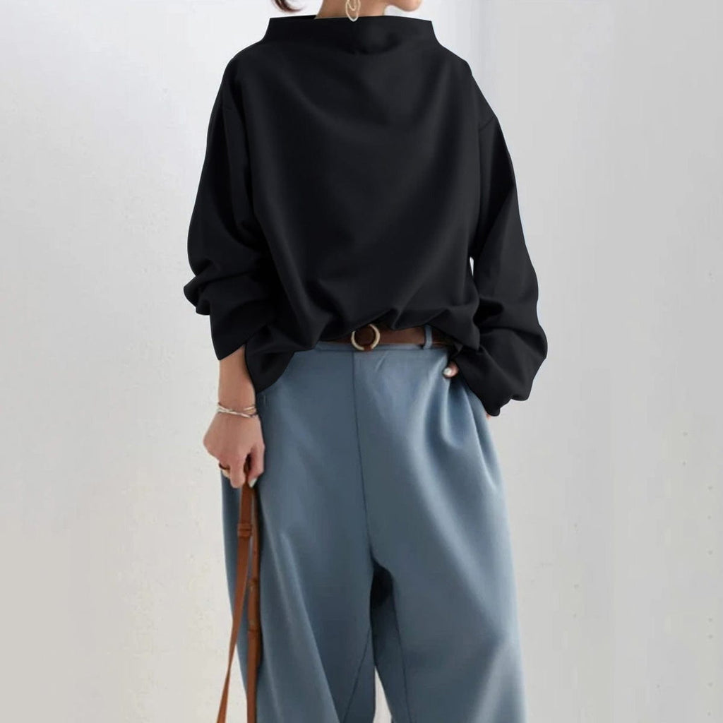 Turtleneck Knit Top Women's Long Sleeve Black Loose Pullover – Casual, Office · Faylori