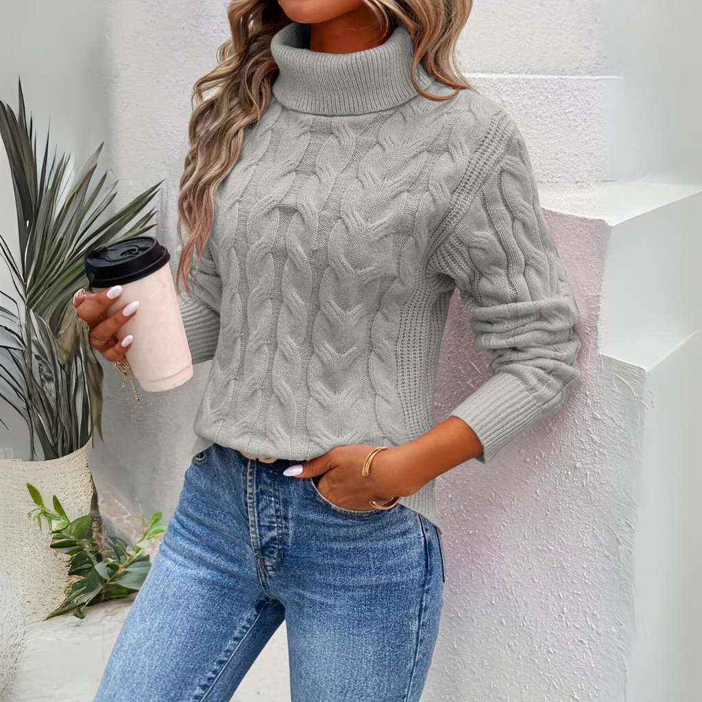 Turtleneck Sweater Cable Knit Women's Long Sleeve Light Blue – Casual, Office, Winter, Gift
