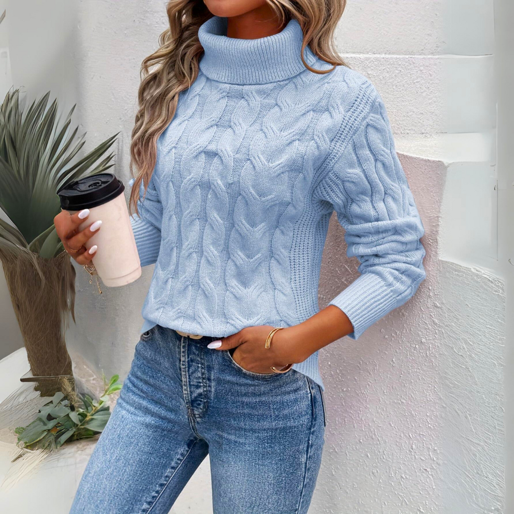 Turtleneck Sweater Cable Knit Women's Long Sleeve Light Blue – Casual, Office, Winter, Gift