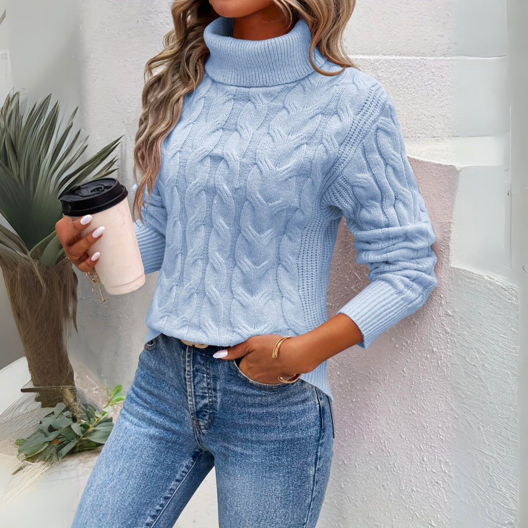 Turtleneck Sweater Cable Knit Women's Long Sleeve Light Blue – Casual, Office, Winter, Gift