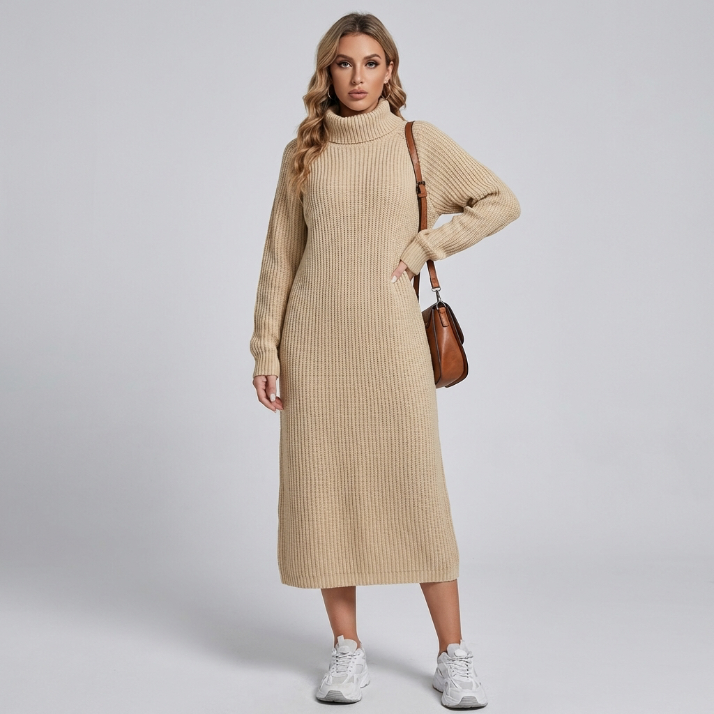 Turtleneck Sweater Dress Women's Ribbed Knit Midi Long Sleeve – Casual, Office, Fall Winter, Gift