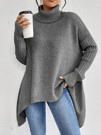 Turtleneck Sweater Oversized Ribbed Knit Women's High-Low Hem – Casual, Office, Winter, Gift