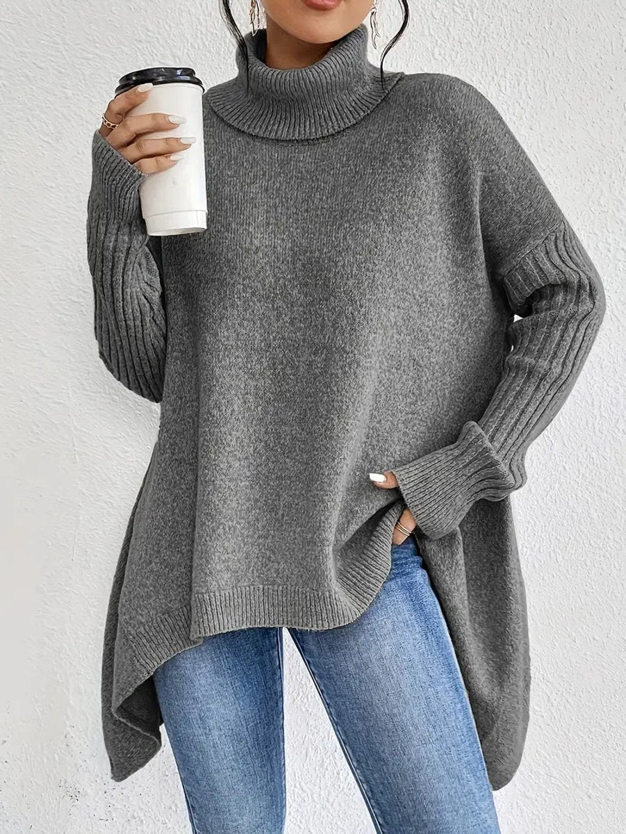 Turtleneck Sweater Oversized Ribbed Knit Women's High-Low Hem – Casual, Office, Winter, Gift