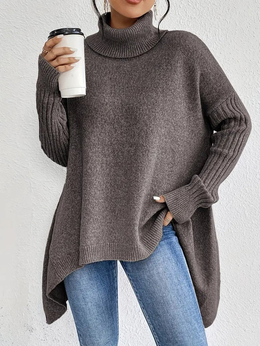 Turtleneck Sweater Oversized Ribbed Knit Women's High-Low Hem – Casual, Office, Winter, Gift
