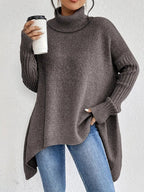 Turtleneck Sweater Oversized Ribbed Knit Women's High-Low Hem – Casual, Office, Winter, Gift