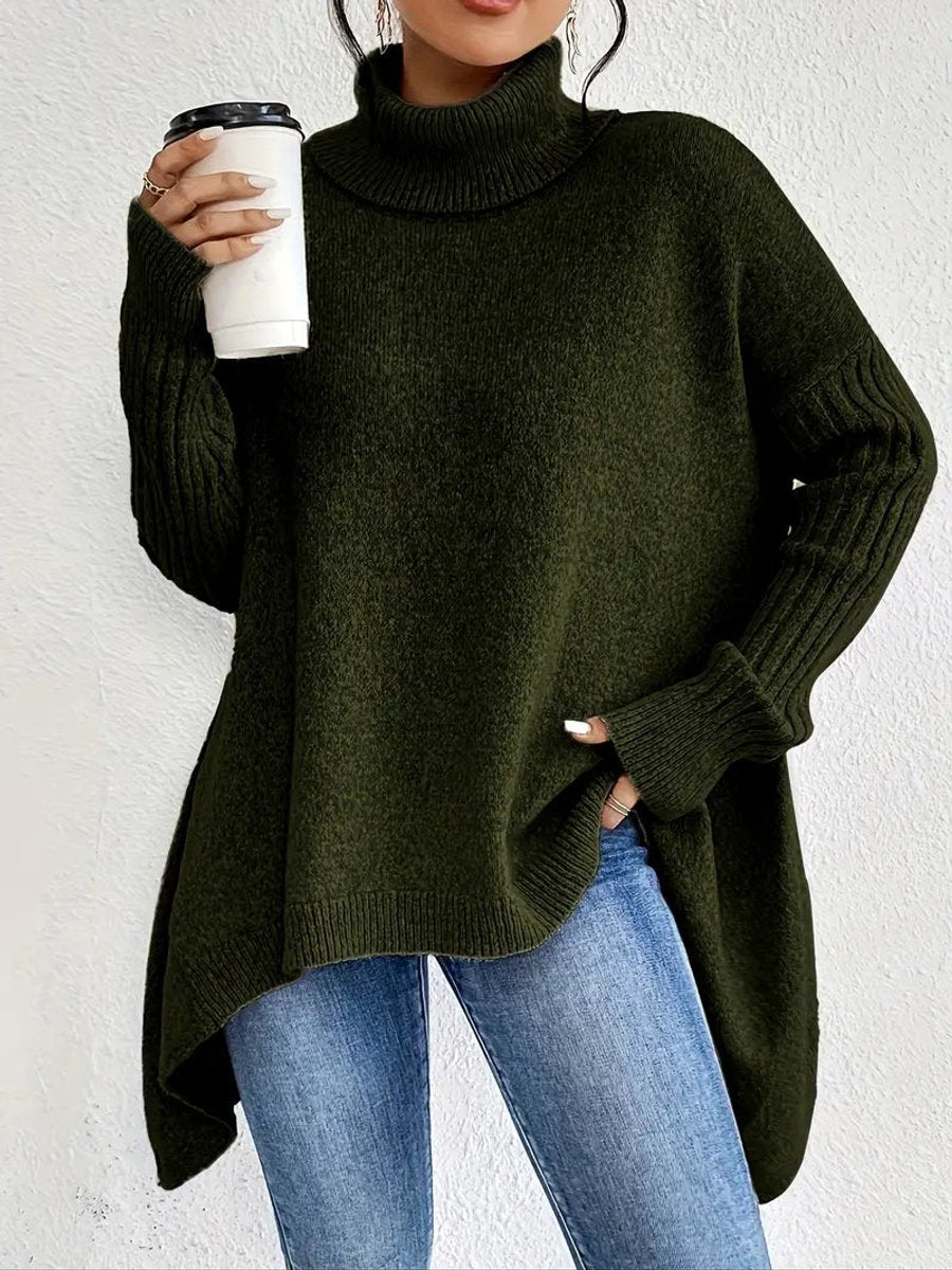 Turtleneck Sweater Oversized Ribbed Knit Women's High-Low Hem – Casual, Office, Winter, Gift