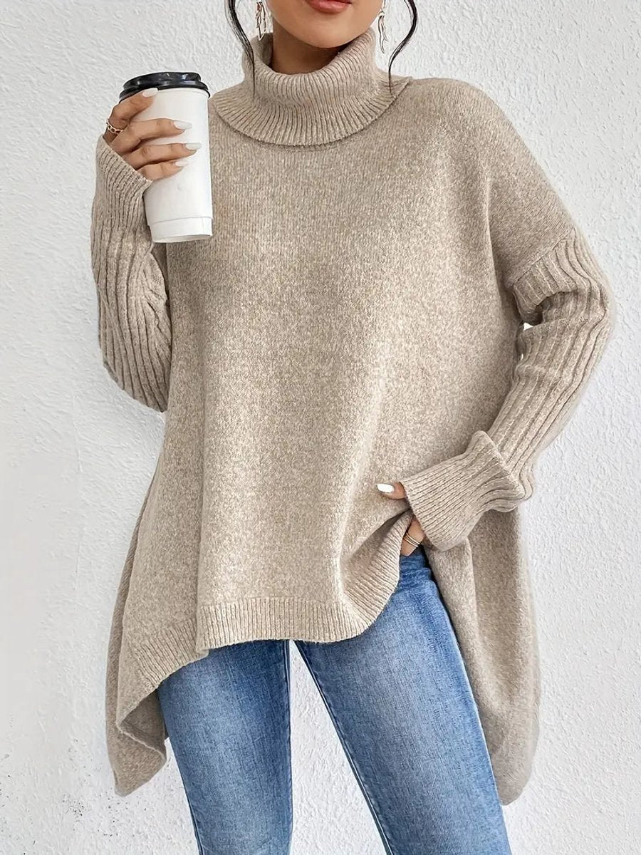 Turtleneck Sweater Oversized Ribbed Knit Women's High-Low Hem – Casual, Office, Winter, Gift