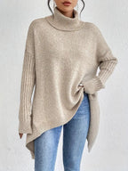 Turtleneck Sweater Oversized Ribbed Knit Women's High-Low Hem – Casual, Office, Winter, Gift