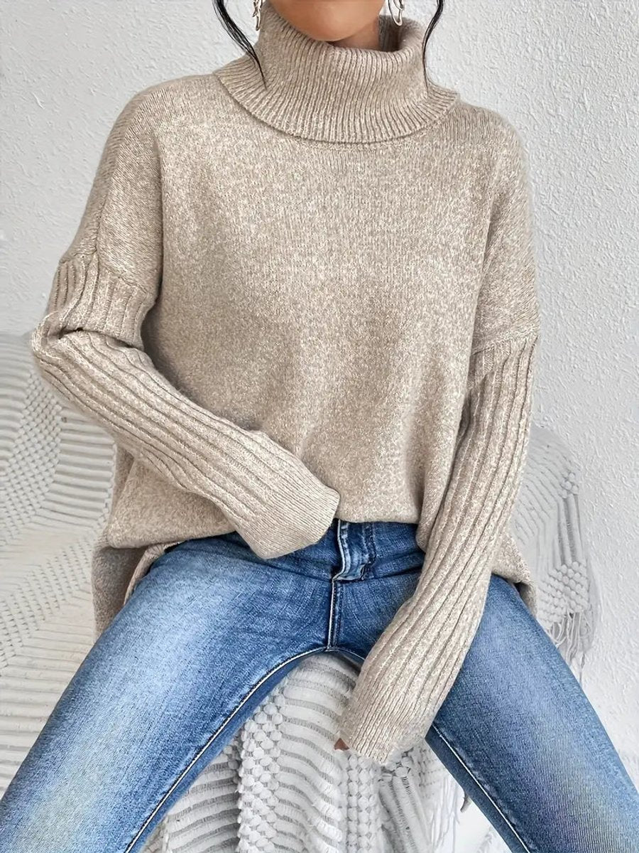 Turtleneck Sweater Oversized Ribbed Knit Women's High-Low Hem – Casual, Office, Winter, Gift