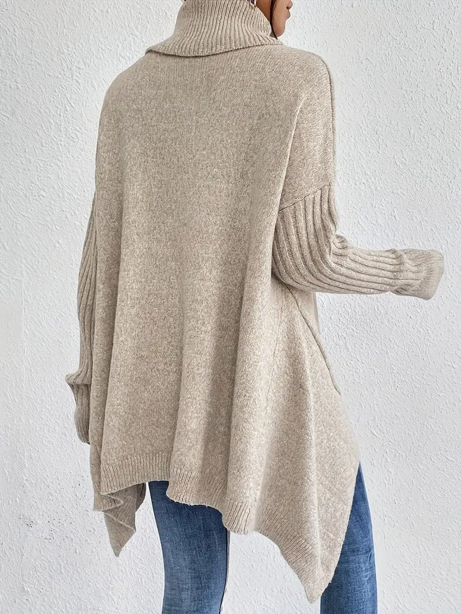 Turtleneck Sweater Oversized Ribbed Knit Women's High-Low Hem – Casual, Office, Winter, Gift