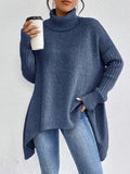 Turtleneck Sweater Oversized Ribbed Knit Women's High-Low Hem – Casual, Office, Winter, Gift