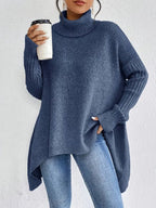 Turtleneck Sweater Oversized Ribbed Knit Women's High-Low Hem – Casual, Office, Winter, Gift