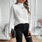 Turtleneck Sweater Ribbed Knit Women's Long Sleeve White Pullover – Casual, Office, Holiday, Gift