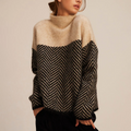 Turtleneck Sweater Women's Beige Black Chevron Knit Pullover – Office, Holiday, Gift
