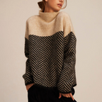 Turtleneck Sweater Women's Beige Black Chevron Knit Pullover – Office, Holiday, Gift