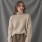 Turtleneck Sweater Women's Beige Cashmere Oversized Knit Pullover – Office, Holiday