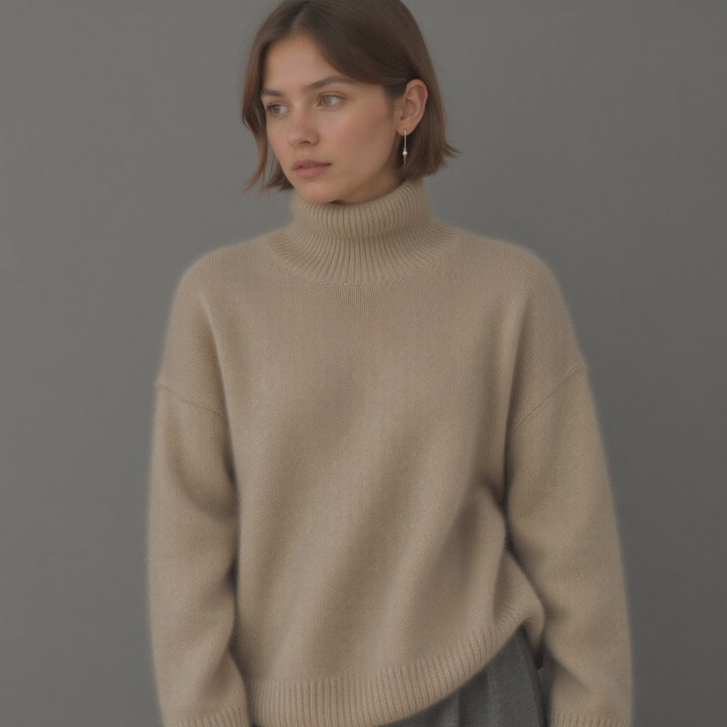 Turtleneck Sweater Women's Beige Cashmere Oversized Knit Pullover – Office, Holiday