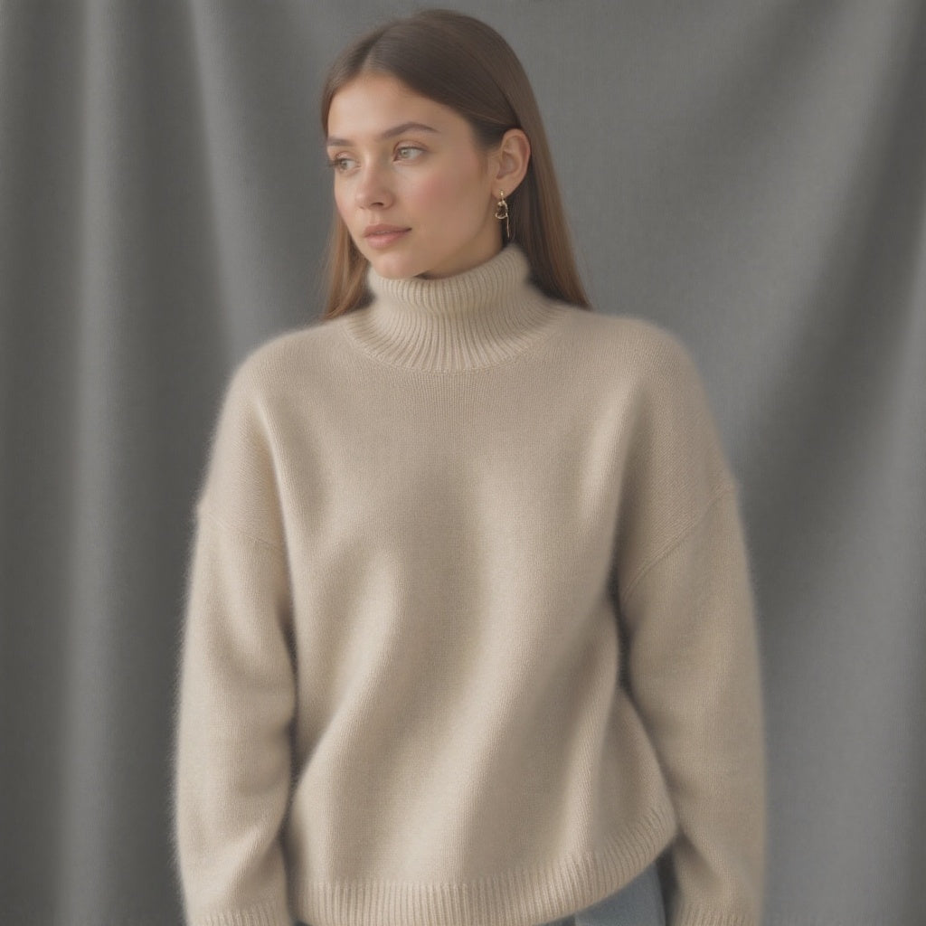 Turtleneck Sweater Women's Beige Cashmere Oversized Knit Pullover – Office, Holiday
