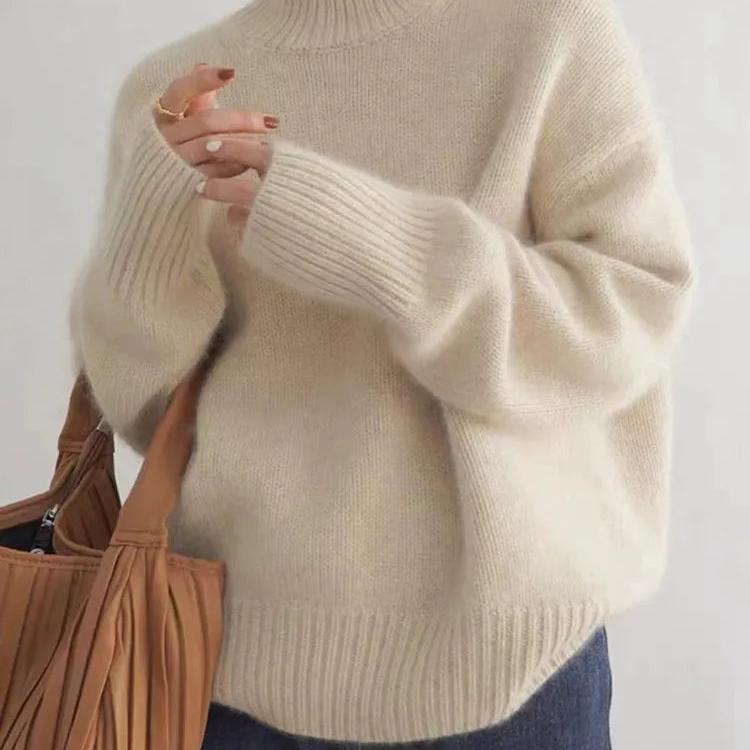 Turtleneck Sweater Women's Beige Cashmere Oversized Knit Pullover – Office, Holiday