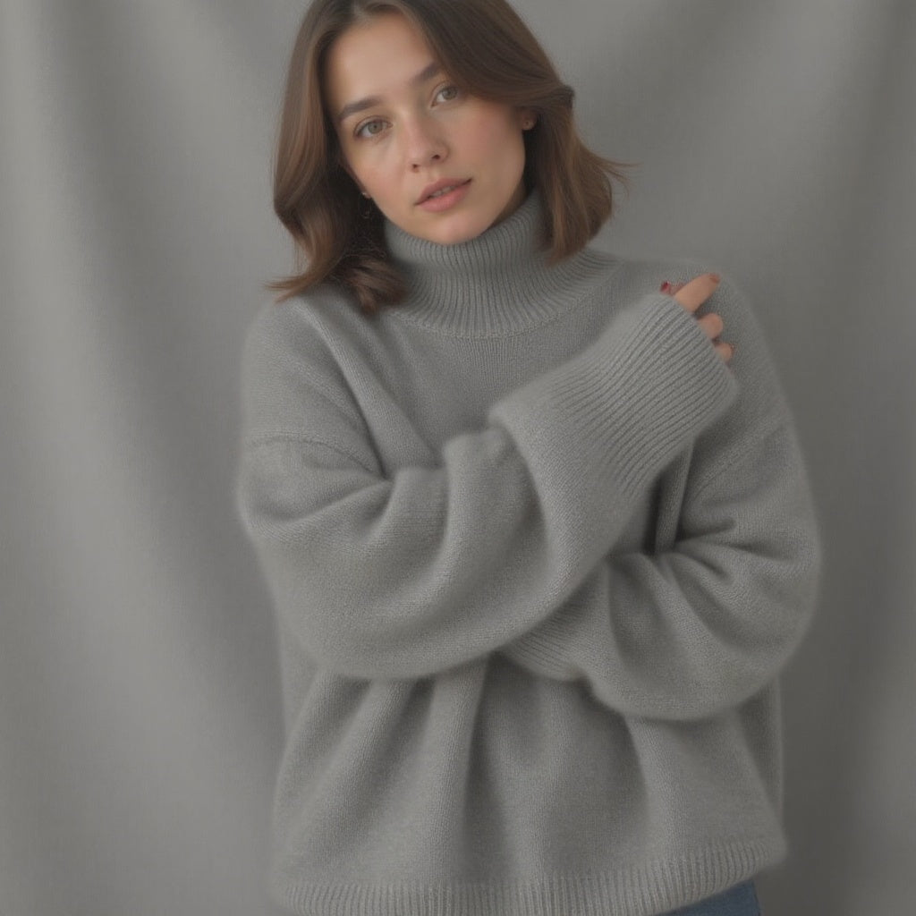 Turtleneck Sweater Women's Beige Cashmere Oversized Knit Pullover – Office, Holiday