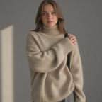 Turtleneck Sweater Women's Beige Cashmere Oversized Knit Pullover – Office, Holiday
