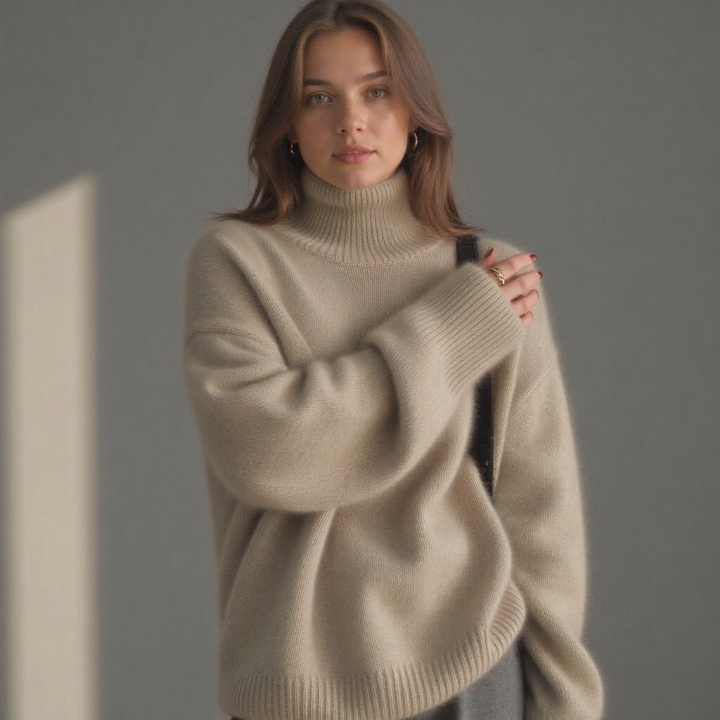 Turtleneck Sweater Women's Beige Cashmere Oversized Knit Pullover – Office, Holiday