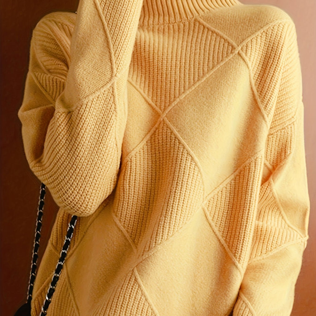 Turtleneck Sweater Women's Diamond Textured Knit Green Long Sleeve Pullover – Casual, Office, Winter, Gift