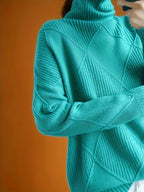 Turtleneck Sweater Women's Diamond Textured Knit Green Long Sleeve Pullover – Casual, Office, Winter, Gift
