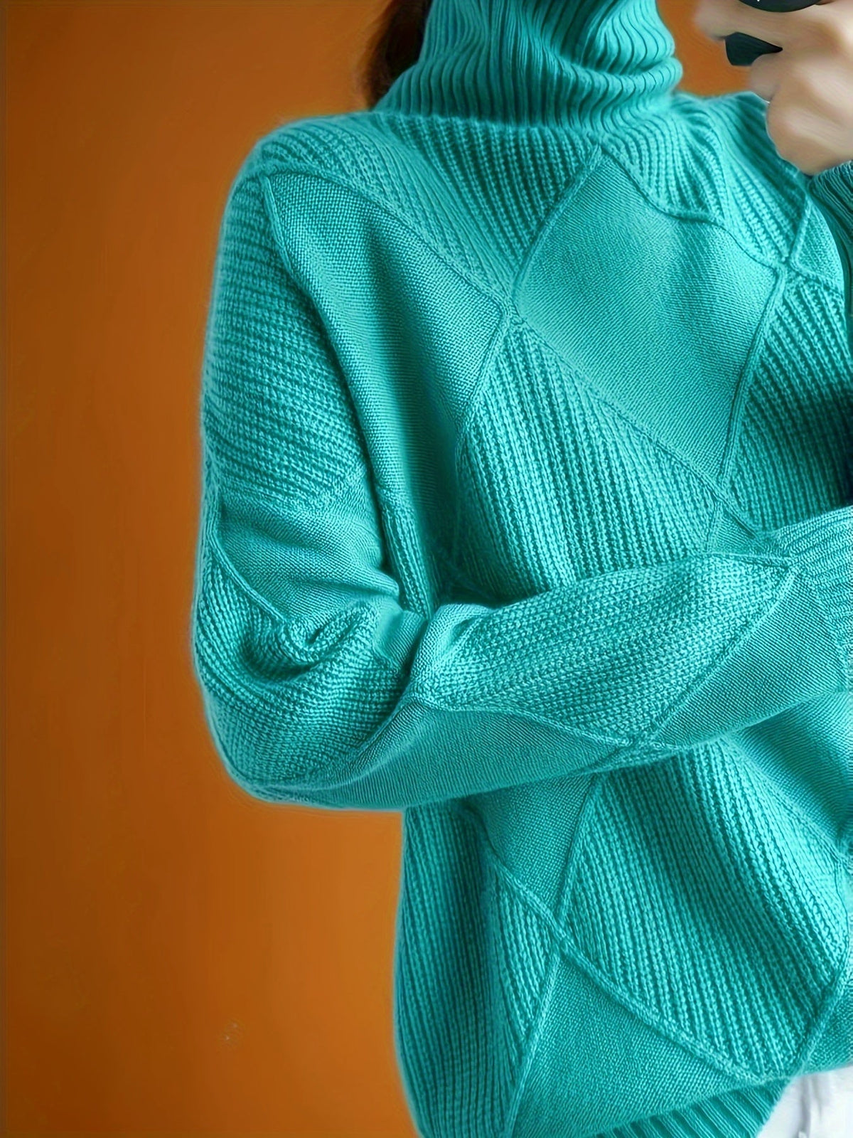 Turtleneck Sweater Women's Diamond Textured Knit Green Long Sleeve Pullover – Casual, Office, Winter, Gift