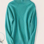 Turtleneck Sweater Women's Diamond Textured Knit Green Long Sleeve Pullover – Casual, Office, Winter, Gift