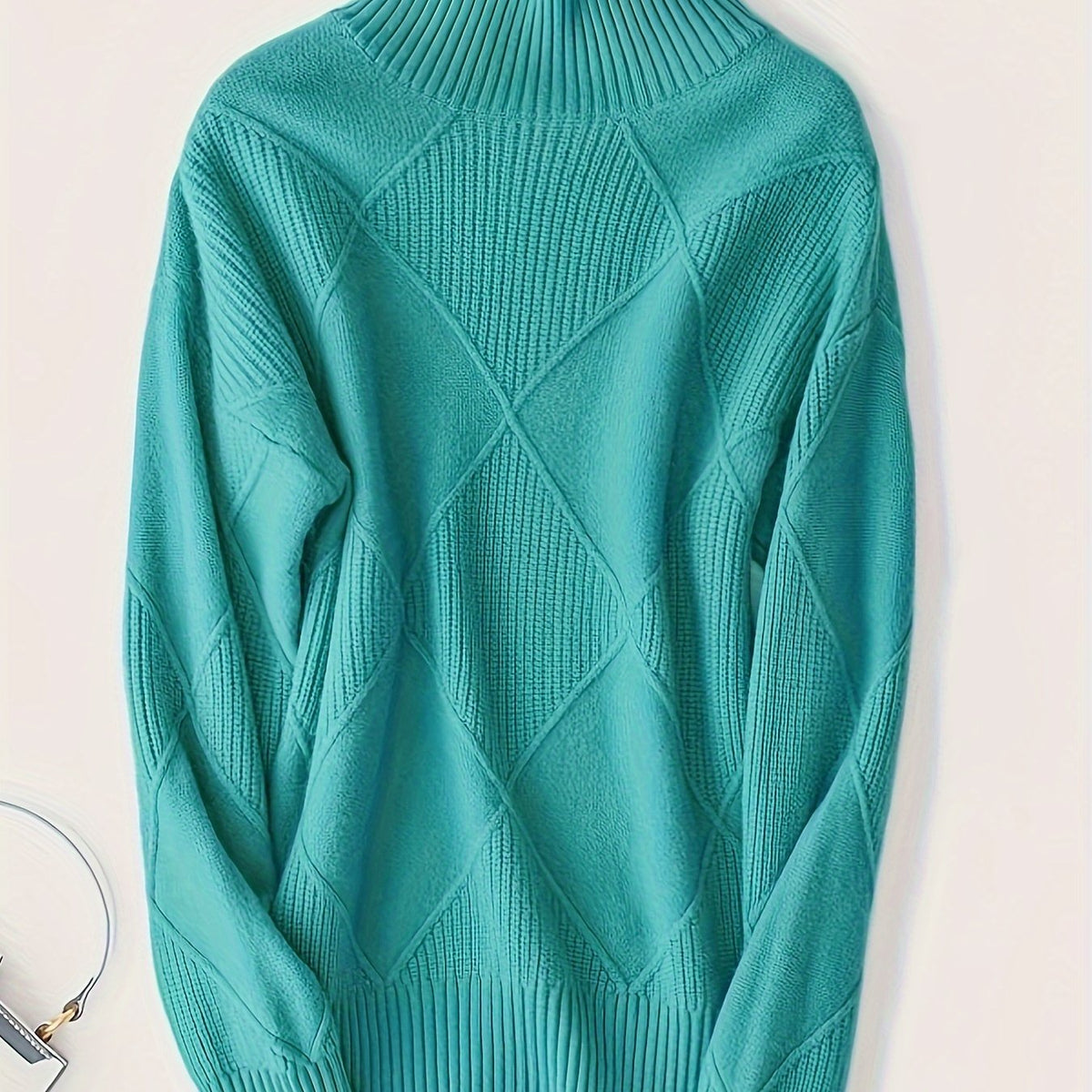 Turtleneck Sweater Women's Diamond Textured Knit Green Long Sleeve Pullover – Casual, Office, Winter, Gift