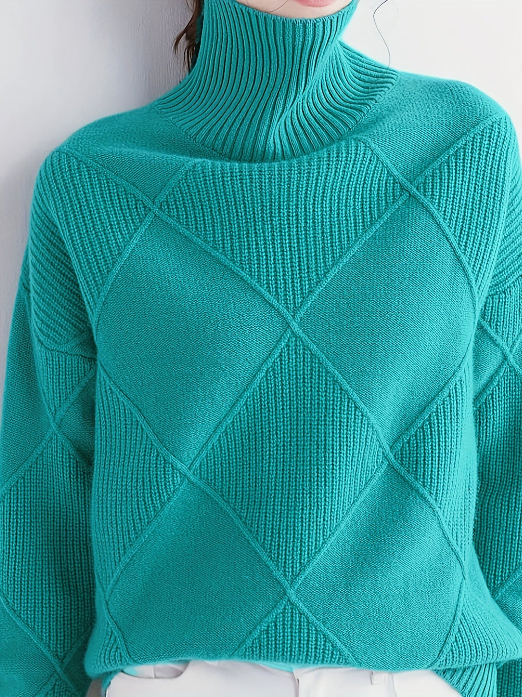 Turtleneck Sweater Women's Diamond Textured Knit Green Long Sleeve Pullover – Casual, Office, Winter, Gift